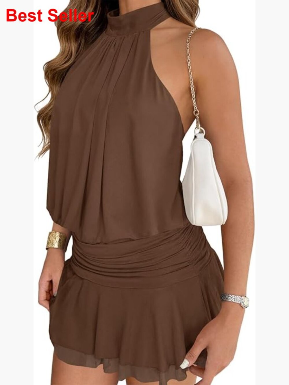 Mesh Halter Mini Dress Sleeveless Open Back Ruched Waist Tiered Ruffle